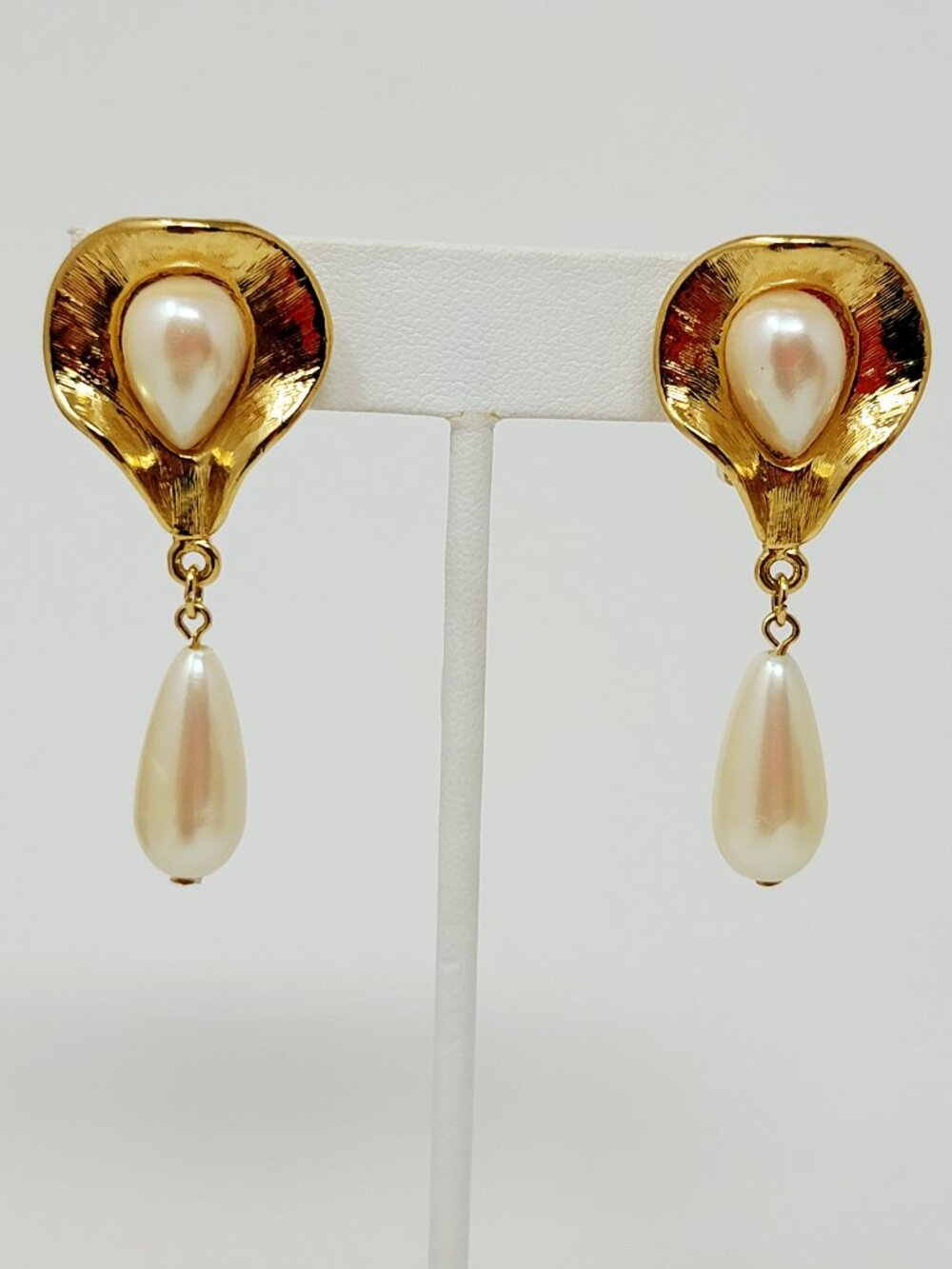 Vintage Gold Tone Faux Pearl Dangle Clip On Earrings Bridal Wedding